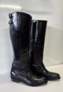Frye Dorado Riding Boots Black Leather Knee High Dual Buckle Strap W US 6